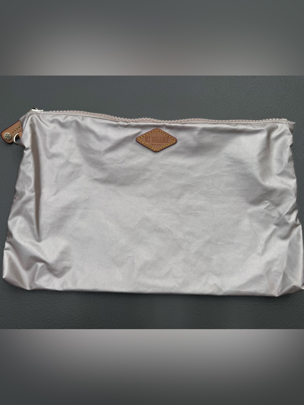Mz Wallace New Metallic Gold Pouch With Tan Leather Diamond Patch